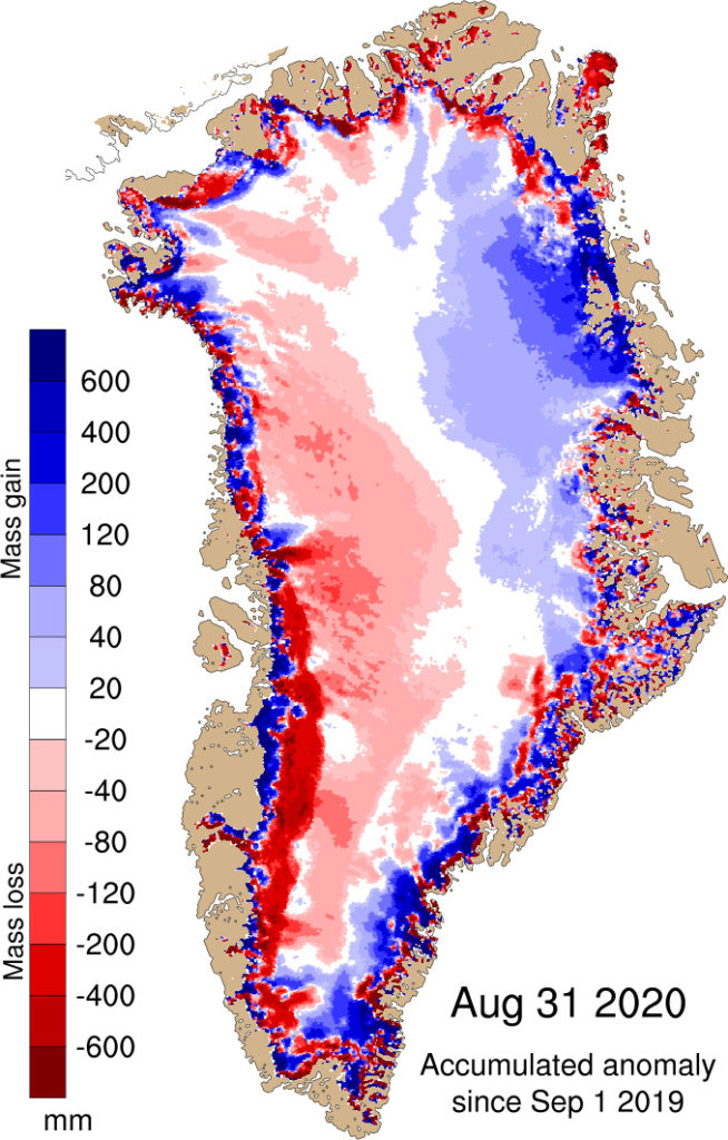 Map shows the difference between the annual SMB in 2019-20 and the 1981-2010 period (in mm of ice melt). Blue shows more ice gain than average and red shows more ice loss than average.