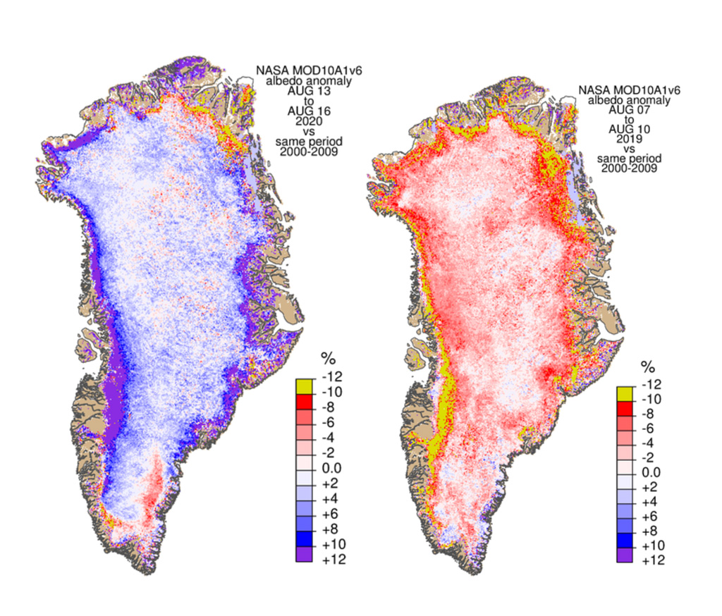 Maps showing albedo, relative to the 2000-09 average, around mid-August 2020 (left) and 2019 (right). Shading indicates a higher (blue) and lower (red) albedo than average. Credit: Polar Portal.