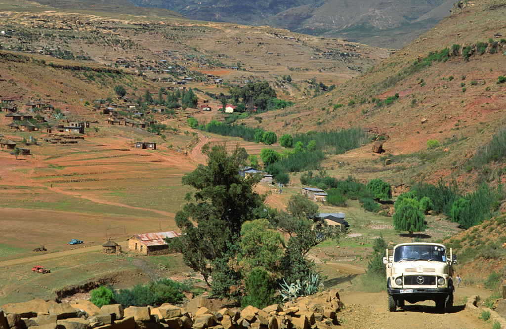A food aid truck on its way to a remote village in Lesotho during a time of drought