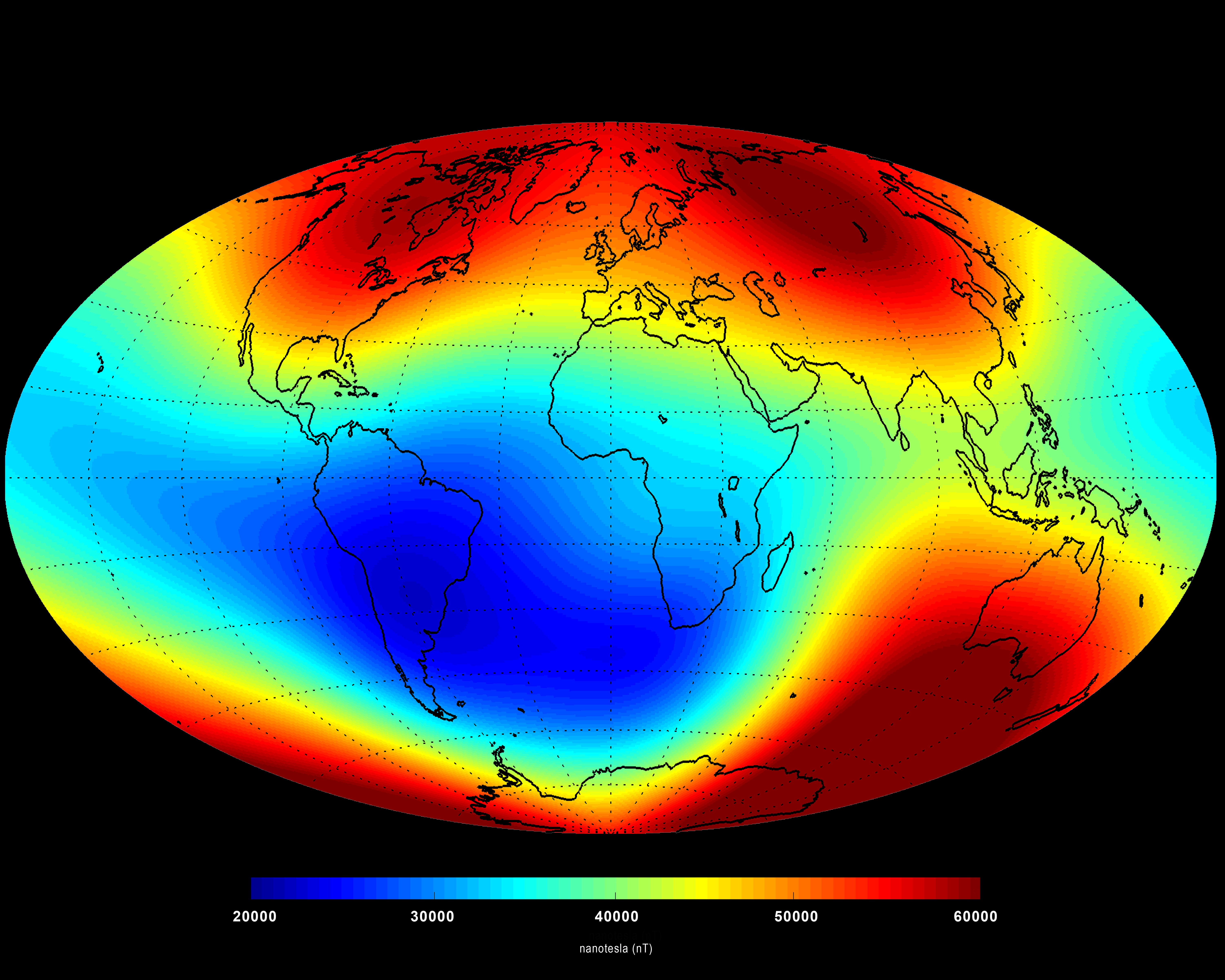 Image of the average strength of Earth's magnetic field at the surface (measured in nanotesla) between January 1 and June 30, 2014