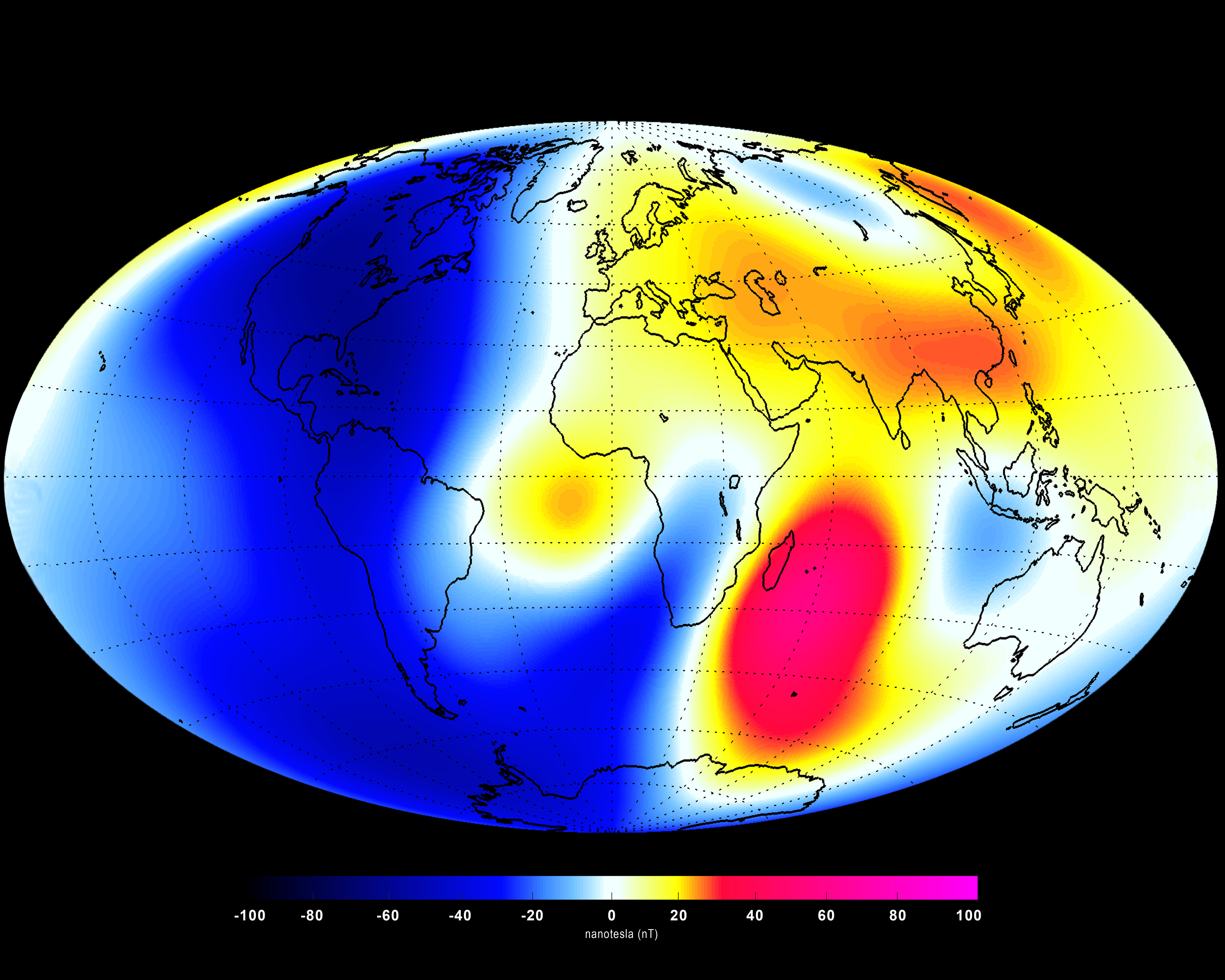 Image of the changes in Earth's magnetic field between January 1 and June 30, 2014