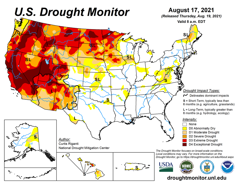 A map of drought conditions in the U.S. as of August 17, 2021. Much of the west is in exceptional or extreme drought, shown in red and dark red respectively.