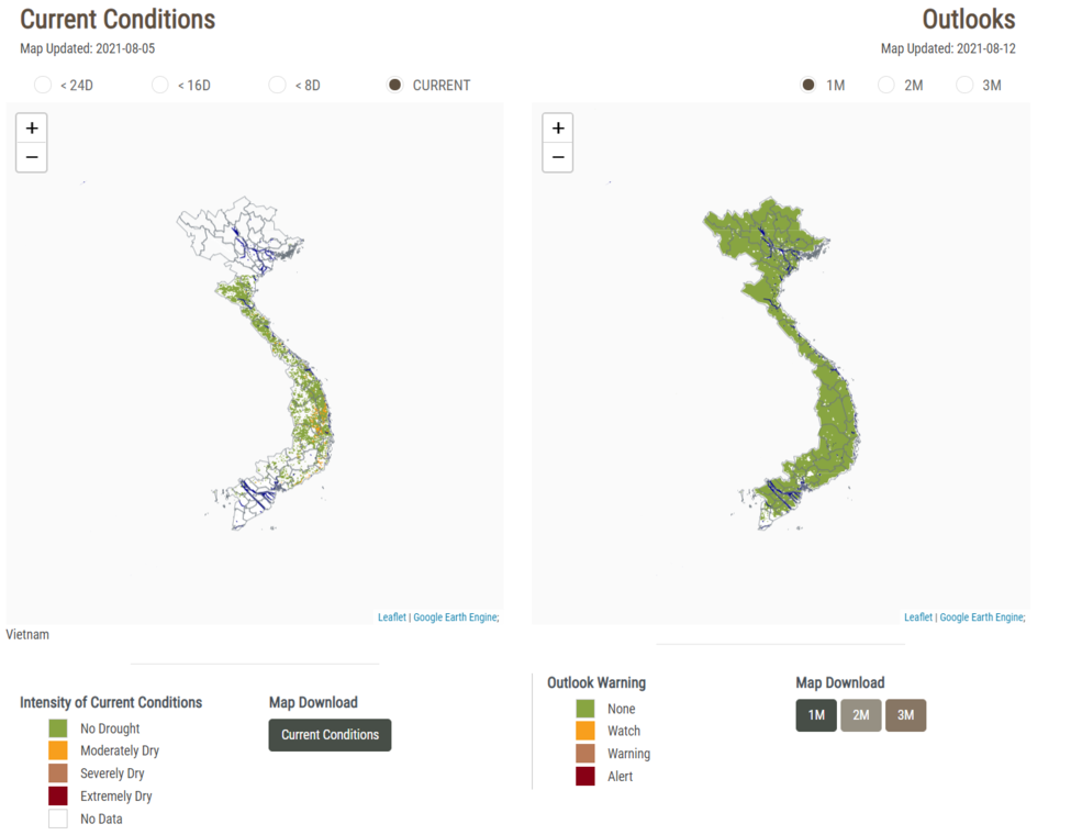 NASA SERVIR’s drought and crop watch tool allows users to choose a region and see current drought conditions and future outlooks. The image shows conditions in Vietnam on Aug. 5, 2021(left) and a one month forecast starting on Aug. 12, 2021 (right).