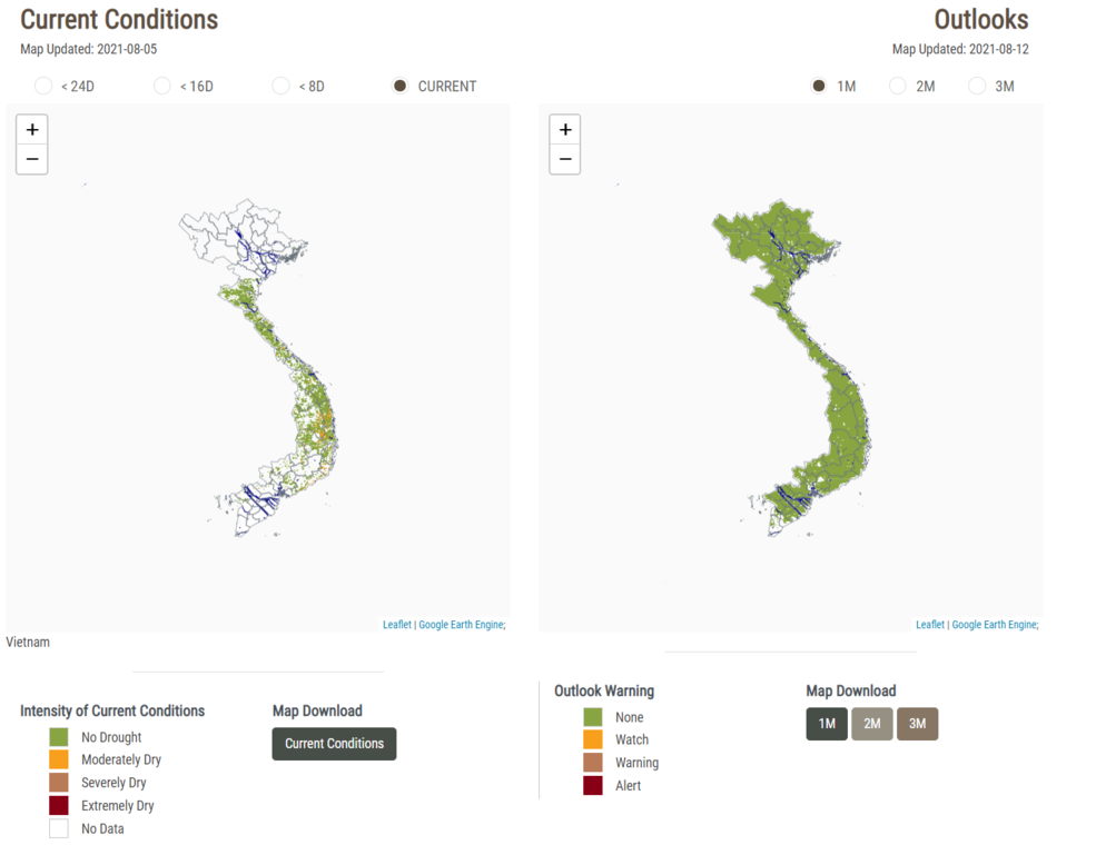 NASA SERVIR&rsquo;s drought and crop watch tool allows users to choose a region and see current drought conditions and future outlooks. The image shows conditions in Vietnam on Aug. 5, 2021(left) and a one month forecast starting on Aug. 12, 2021 (right).