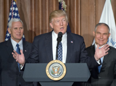 President Trump at EPA headquarters prior to signing an executive order rolling back U.S. climate change commitments. He is flanked by EPA Administrator Scott Pruitt (right) and Vice President Mike Pence.  
