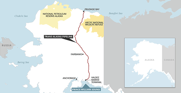 Trans-Alaska Pipeline System, Arctic National Wildlife Refuge and the National Petroleum Reserve-Alaska. Map credit: Claudine Hellmuth/E&E News
