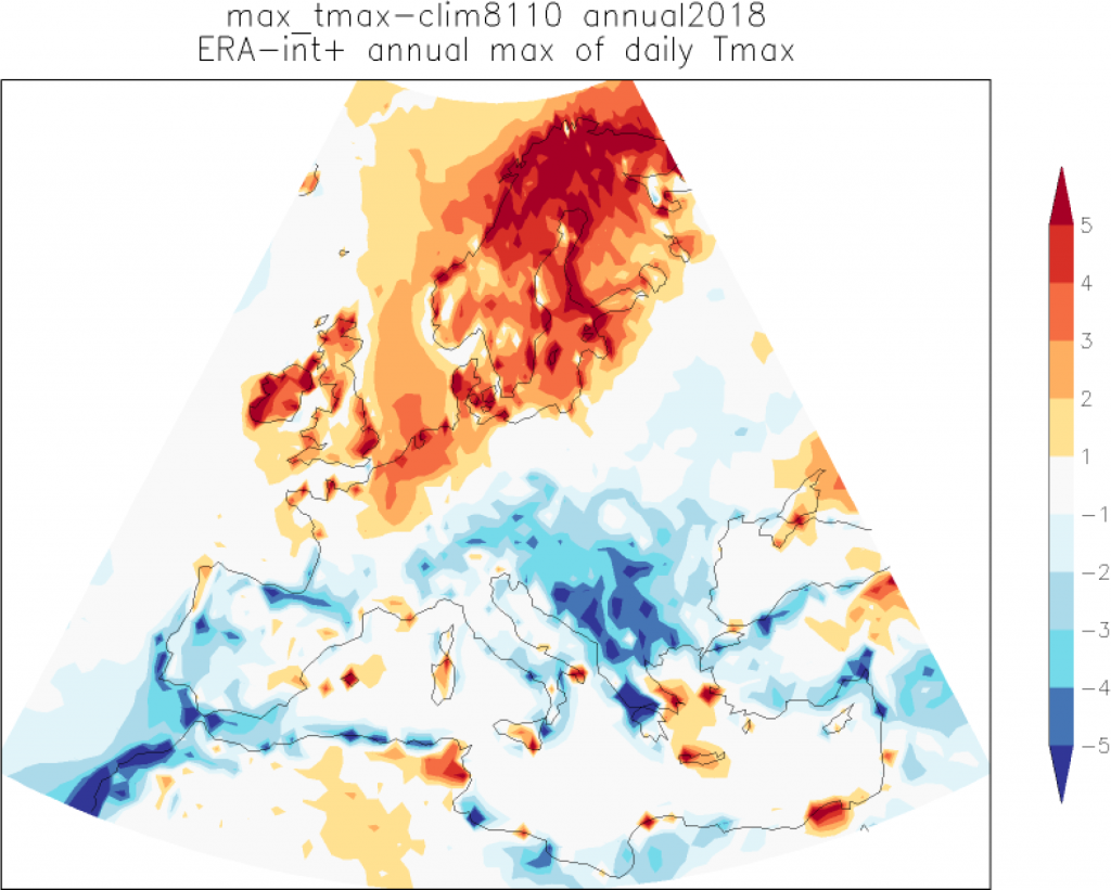 The hottest 3-day average of Tmax in 2018 (ECMWF analyses up to 24 July, forecasts up to 31 July) compared to the highest 3-day maximum temperature in the period 1981-2010 that is currently the &ldquo;normal&rdquo; period (ERA-interim).