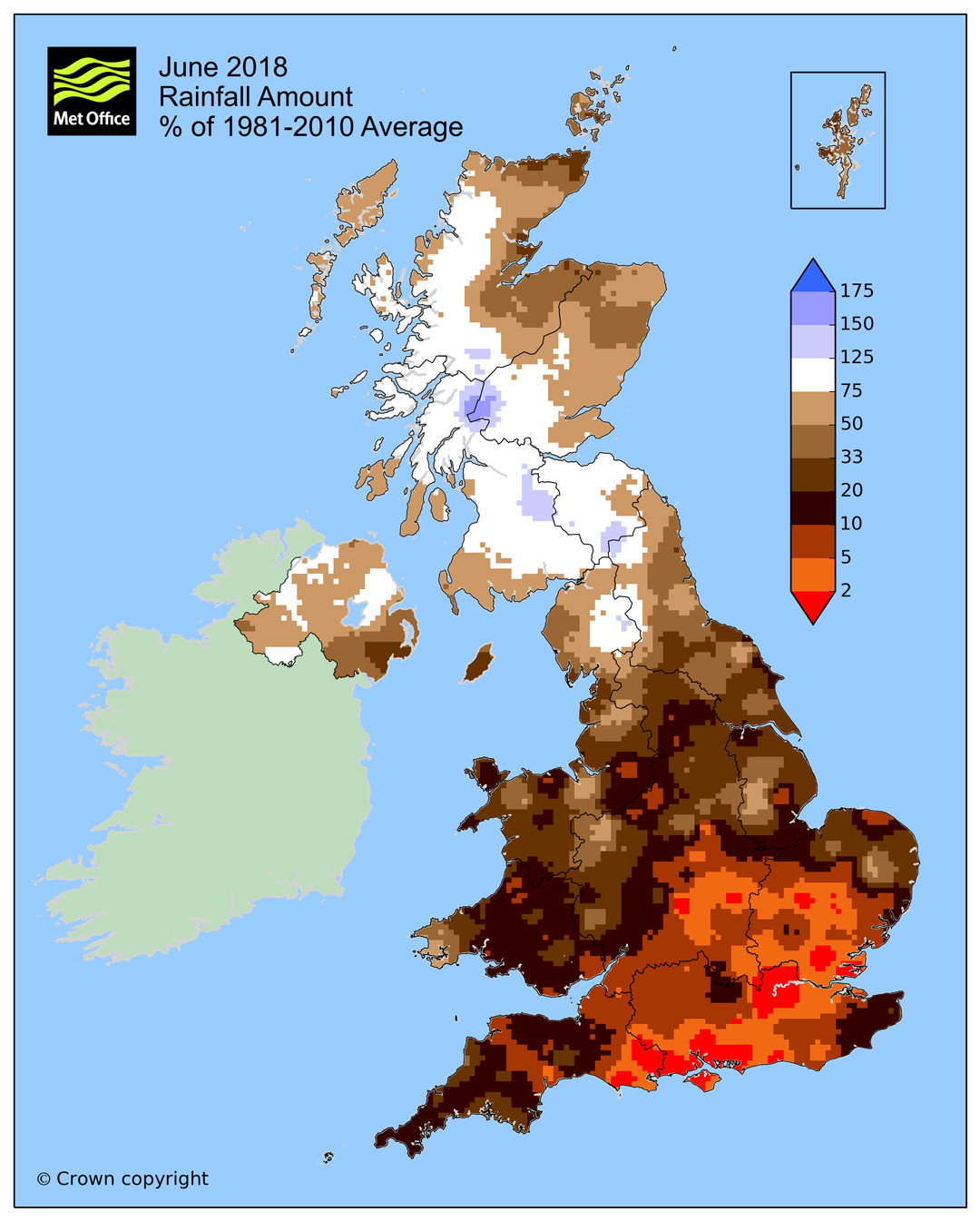 Map of UK June rainfall anomalies as a percentage of 1981-2010 average