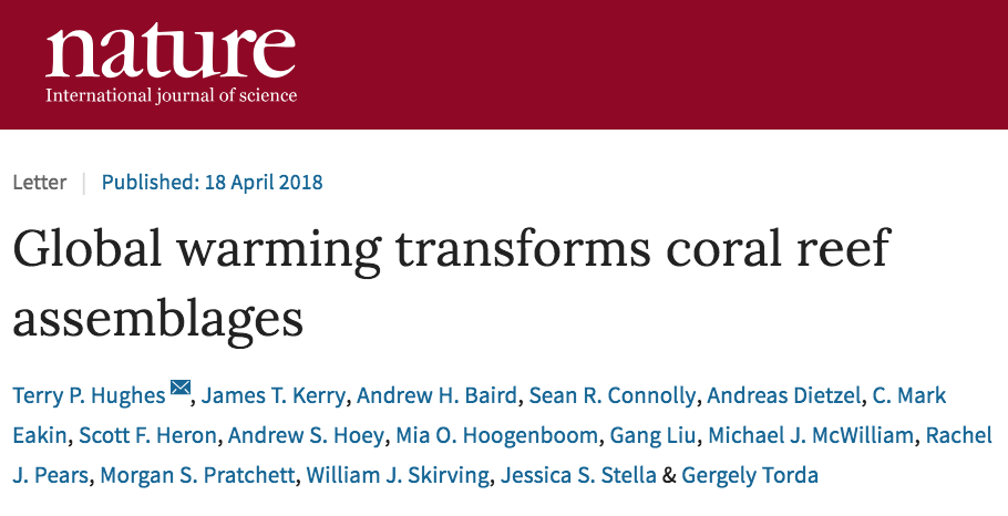 screenshot of Nature paper titled: Global warming transforms coral reef assemblages