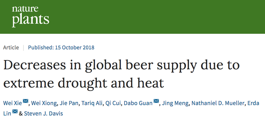 screenshot of Nature Plants paper titled "Decreases in global beer supply due to extreme drought and heat