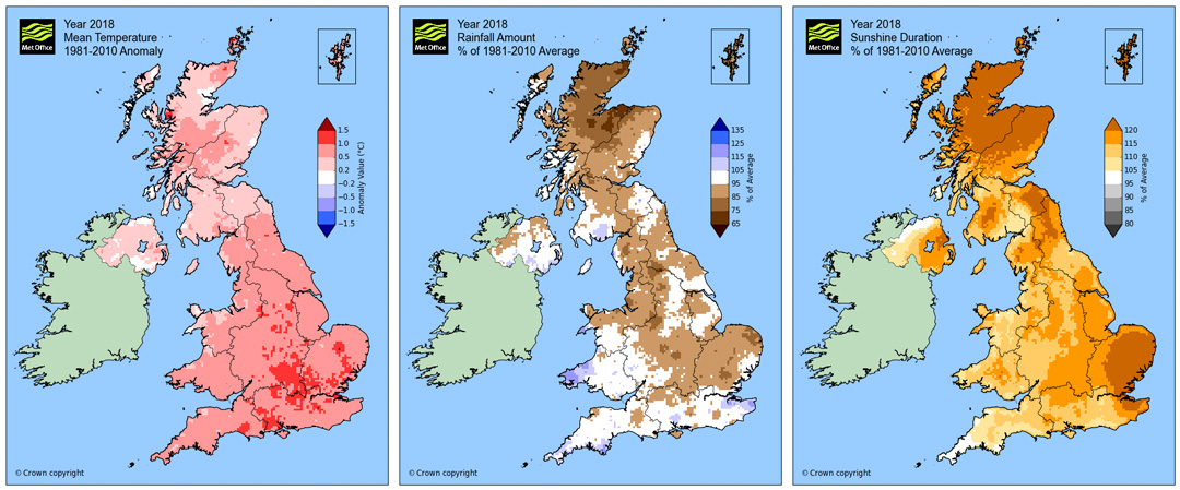 Three maps of UK annual average temperature, rainfall and sunshine duration for 2018