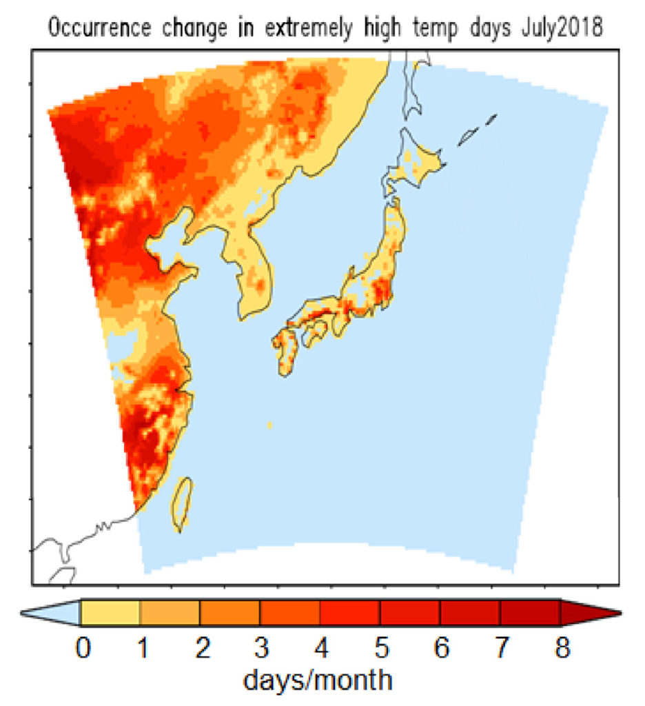 Map showing The difference in the number of extremely hot days expected in July in today&rsquo;s world and a world without climate change across Japan. Yellow indicates little to no difference in the number of hot days in today&rsquo;s world and a world without climate change, while red indicates a difference of up to eight days. (The map also includes parts of eastern China, Russia and North and South Korea.) Source: Imada et al. (2019)