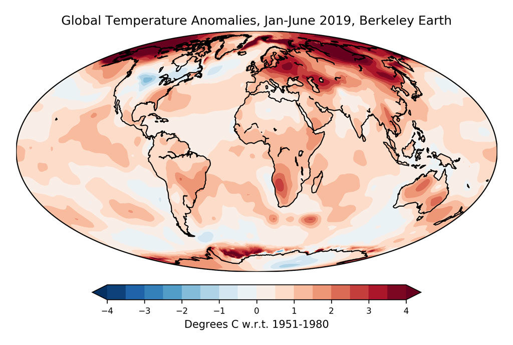 Average surface temperatures over the first six months of 2019 (January through June) from Berkeley Earth. Anomalies plotted with respect to the 1951-1980 baseline used by Berkeley Earth. Chart by Carbon Brief.