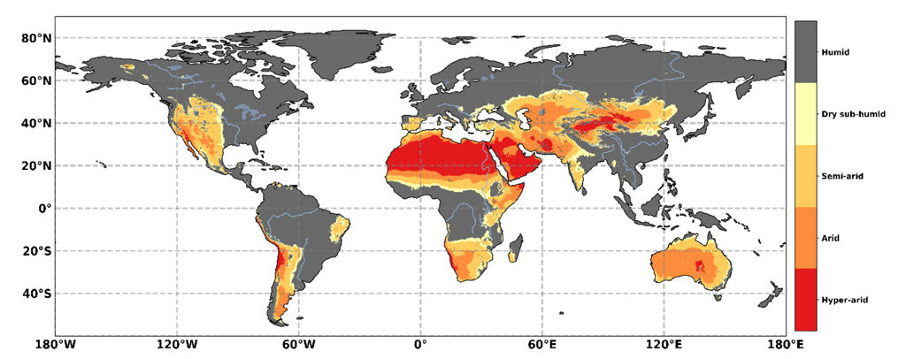 Geographical distribution of drylands, based on the Aridity Index (AI). The classification of AI is: Humid (grey shading) AI > 0.65, dry sub-humid (yellow) 0.50 < AI &le; 0.65, semi-arid (light orange) 0.20 < AI &le; 0.50, arid (dark orange) 0.05 < AI &le; 0.20, and hyper-arid (red) AI < 0.05. Source: Figure 3.1 from the IPCC land report.