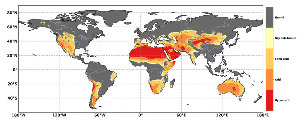 Geographical distribution of drylands, based on the Aridity Index (AI). The classification of AI is: Humid (grey shading) AI > 0.65, dry sub-humid (yellow) 0.50 < AI ≤ 0.65, semi-arid (light orange) 0.20 < AI ≤ 0.50, arid (dark orange) 0.05 < AI ≤ 0.20, and hyper-arid (red) AI < 0.05. Source: Figure 3.1 from the IPCC land report.