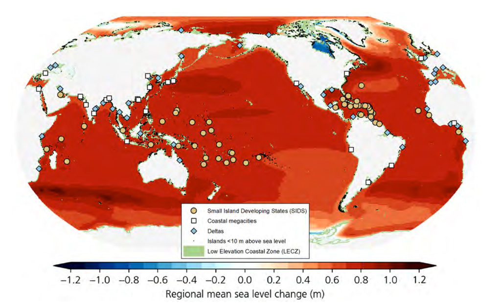 Low-lying islands and coasts particularly at risk from regional sea level rise by late this century if emissions are very high, shown with shading from blue through red. Small island developing states are highlighted with circles, coastal megacities with squares and river deltas with diamonds. Source: IPCC SROCC figure CB9.1.