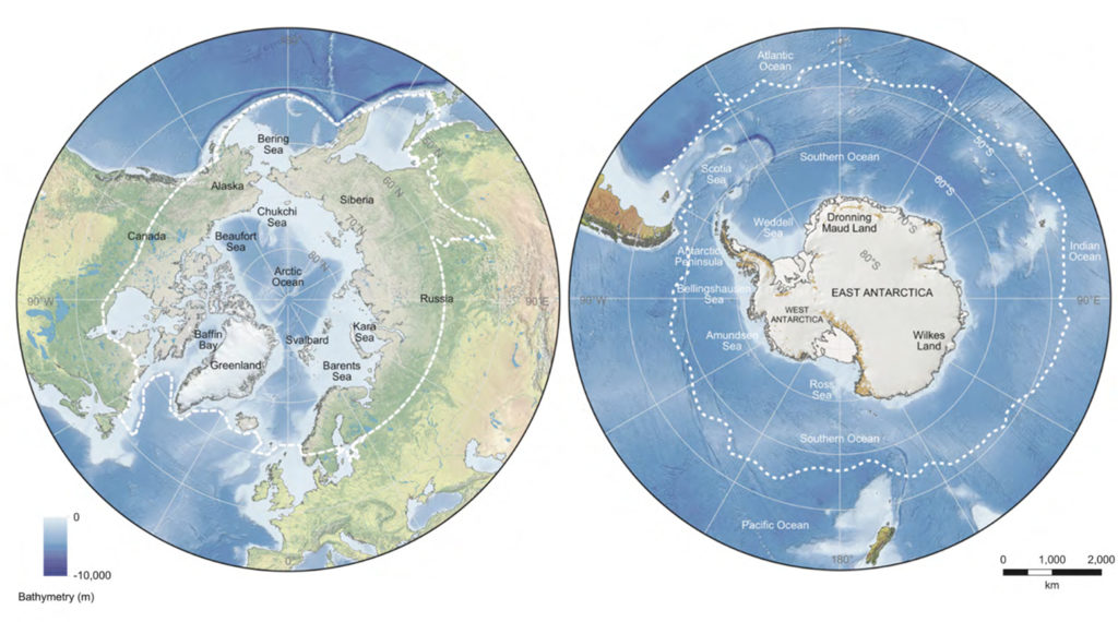 Map of the Arctic (left) and Antarctic (right) polar regions. Various place names referred to in the text are marked. Dashed lines denote approximate boundaries for the polar regions. Source: IPCC: Figure 3.2 (pdf)