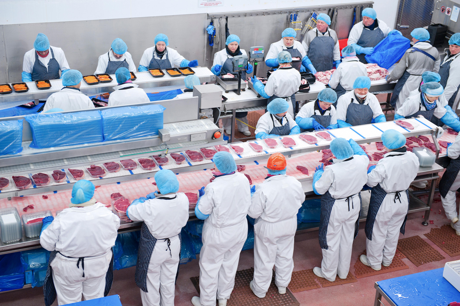 Factory workers on a production line package meat products for the market.