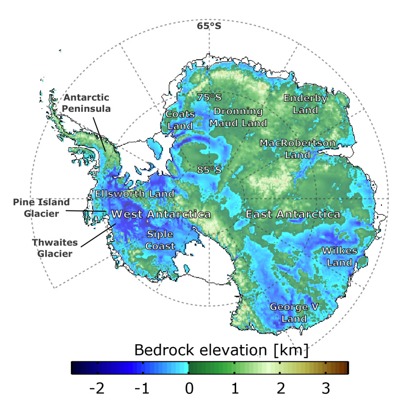A bedrock elevation map of Antarctica plotted using the BEDMAP2 data set. 