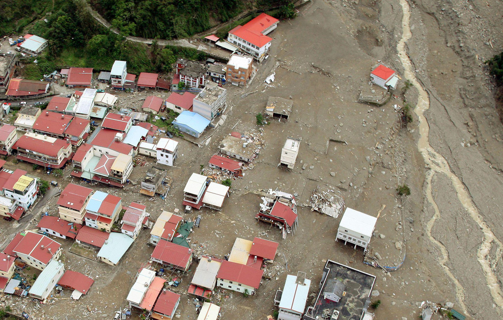 An aerial photograph shows the landslide affected village of Namashia in Taiwan following Typhoon Morakot