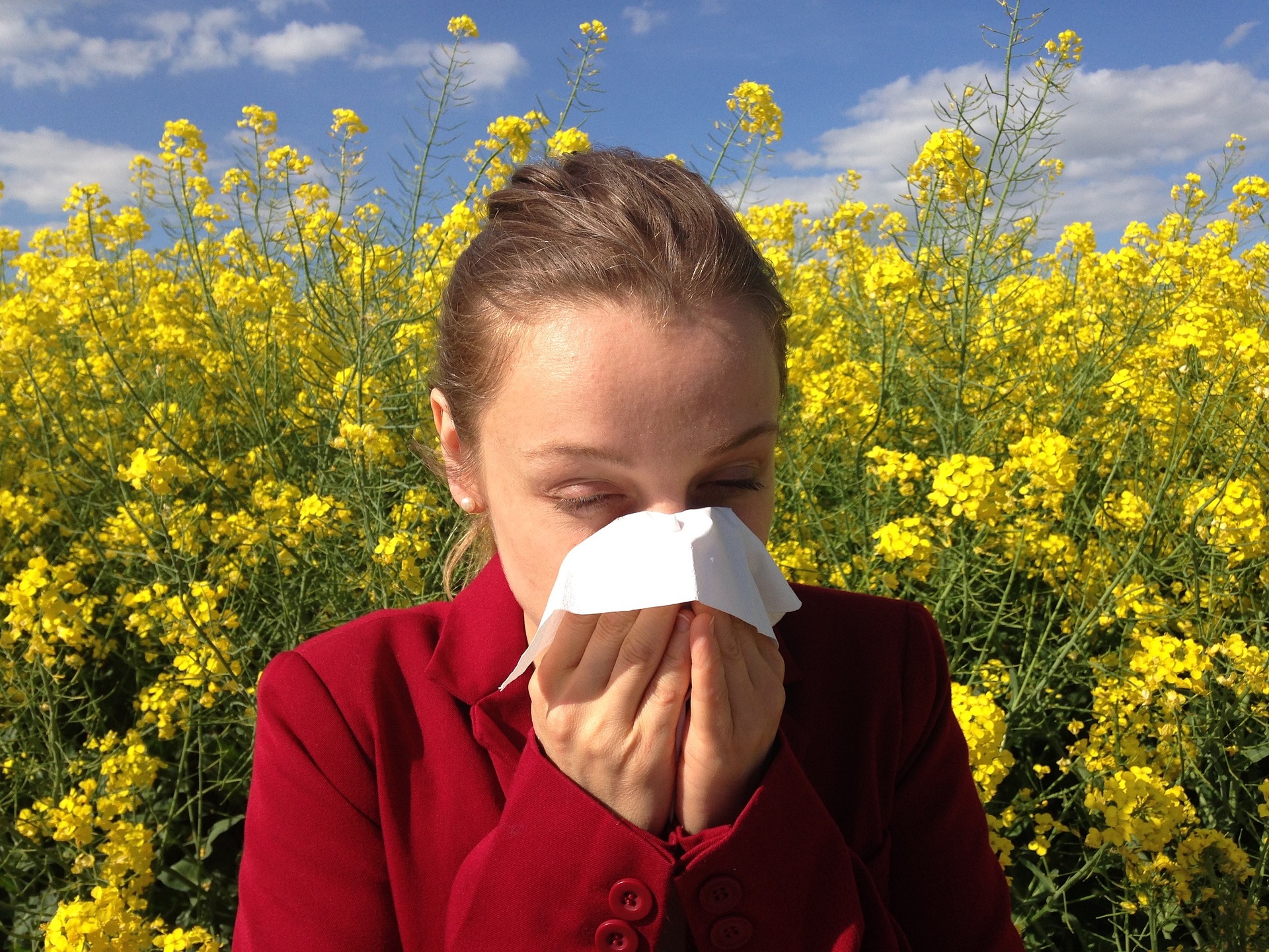 A woman in a red blouse covering their nose and mouth with a white tissue in their hand. They have their eyes closed. They are surrounded by a field of yellow flowers and there is a blue sky with white clouds above them.